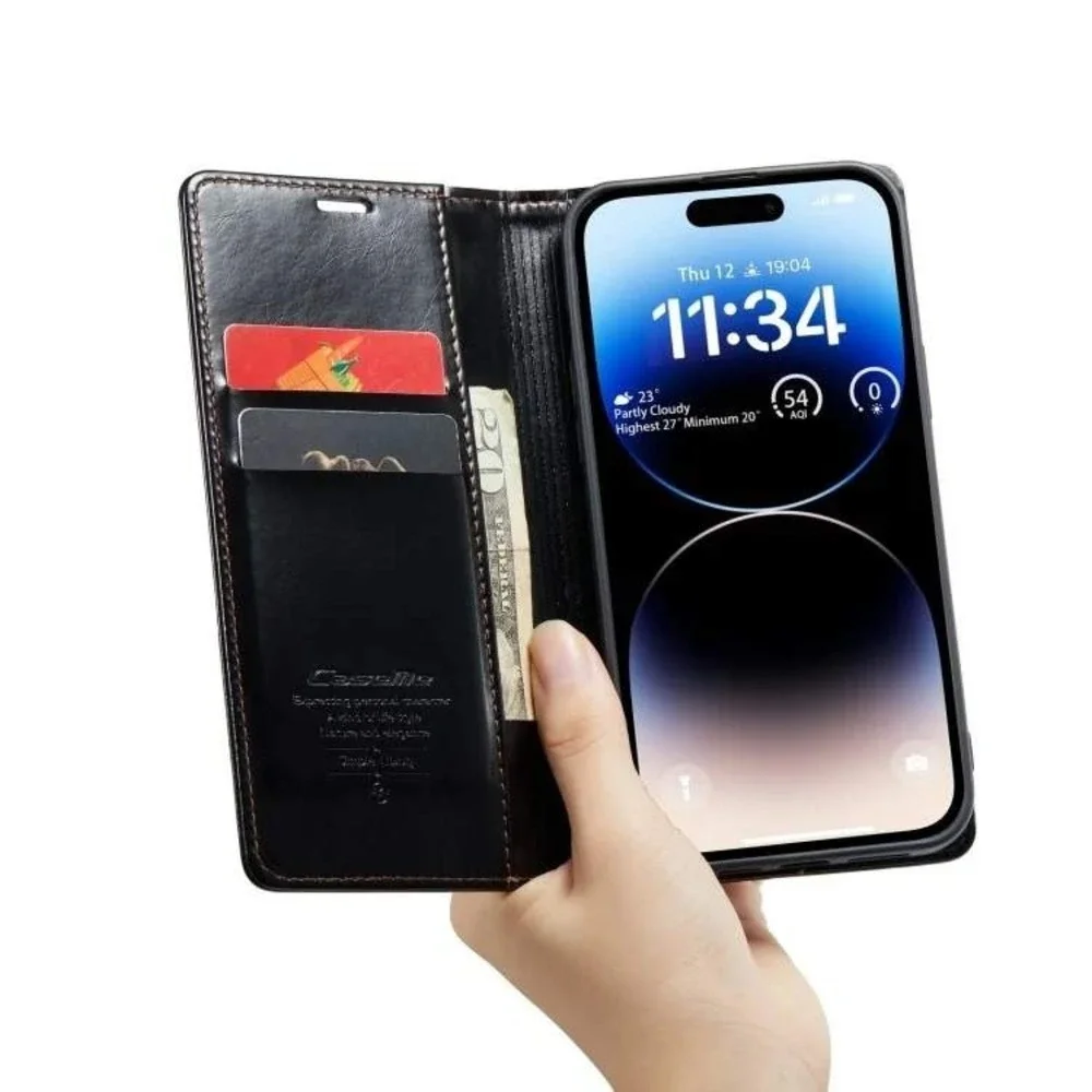 CaseMe Black iPhone 15 Pro Max Soft PU Leather Flip Wallet Case with 2 Credit Ca